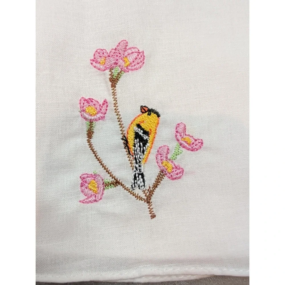 Vintage Embroidered Bird Handkerchiefs Lot of 5 Floral White Cotton Cottagecore